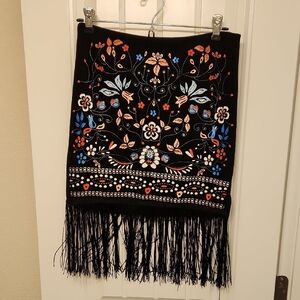 Embroidered Black Skirt with Fringe